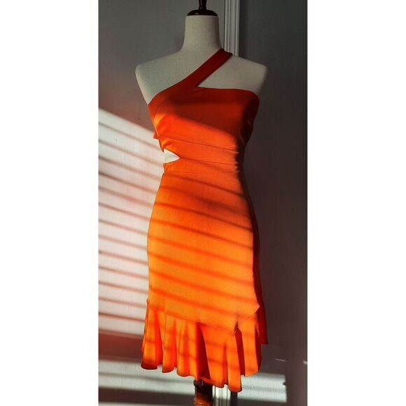 BCBG Max Azria Asymmetrical Bodycon Cutout Dress Red-Orange Shimmer Size XXS - Picture 3 of 16